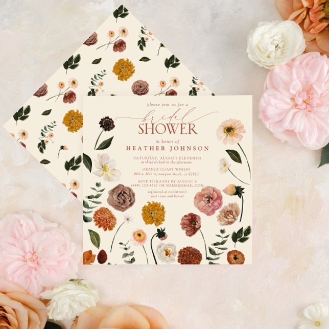 Invitación Moda Boho Floral Terracotta Moderno Ducha nupcial (Easy to personalize fall terracotta floral bridal shower invitation.)