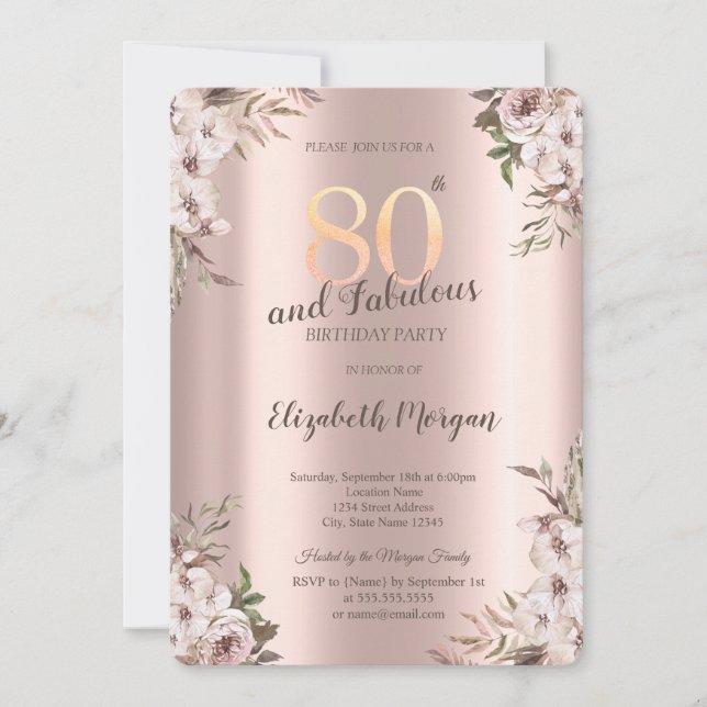 Invitación Moda Boho Flores Rosa Oro 80 cumpleaños (Anverso)