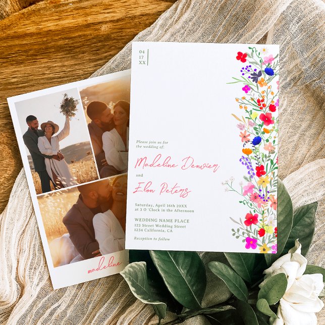 Invitación Moda boho flores silvestres brillantes 3 fotos bod (Subido por el creador)
