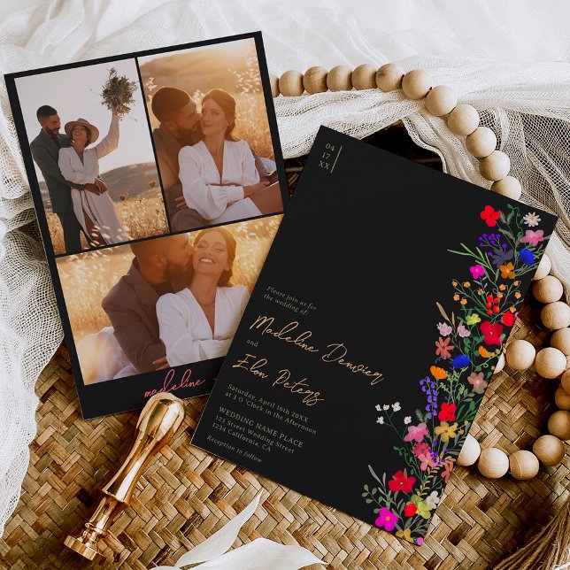 Invitación Moda boho flores silvestres brillantes 3 fotos bod (Subido por el creador)