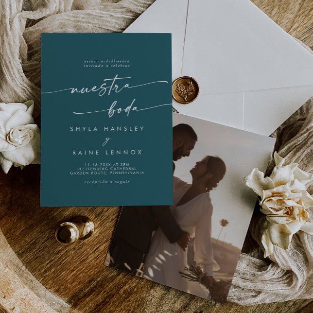 Invitación Moda Boho foto azul Verde azulada Boda español (Subido por el creador)