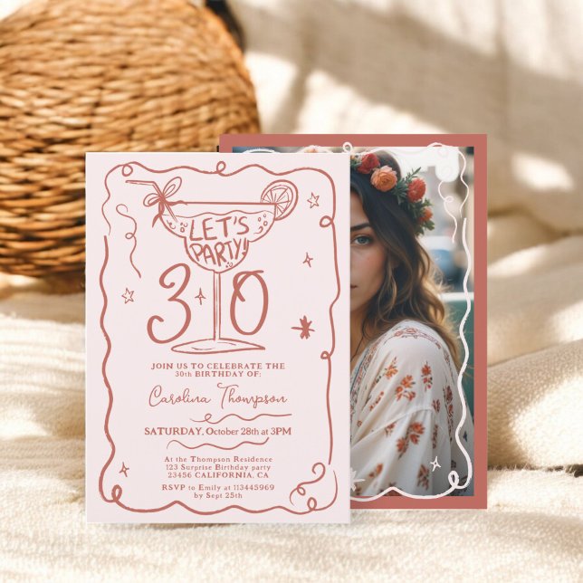 Invitación Moda Boho garabatos extravagantes garabatos de 30  (Boho chic quirky whimsical scribbles 30 birthday invitation terracotta)