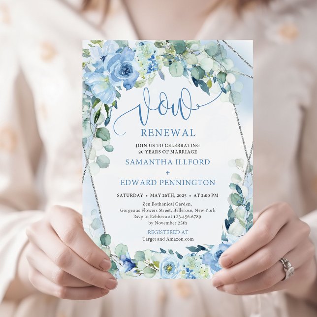 Invitación Moda Boho Ice azul floral eucalipto renovación de  (winter baby blue flowers sage greenery and silver frame vow renewal invitation)