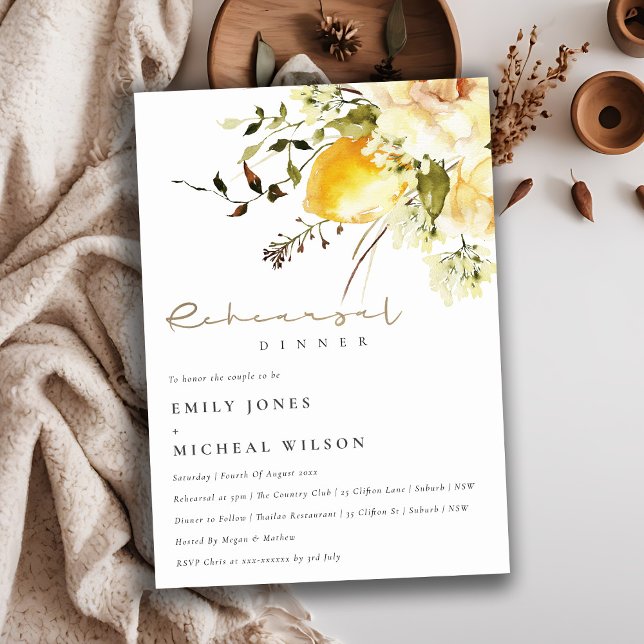 Invitación Moda Boho Lemon Yellow Floral Ensayo Cena (Subido por el creador)