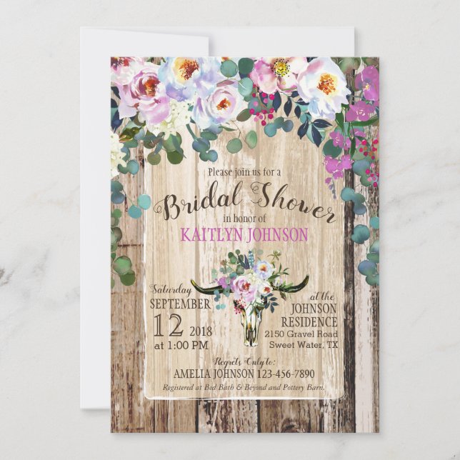 Invitación Moda Boho Longhorn Cow Skull Floral Bridal Shower (Anverso)
