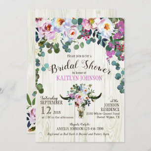 Invitación Moda Boho Longhorn Cow Skull Floral Bridal Shower