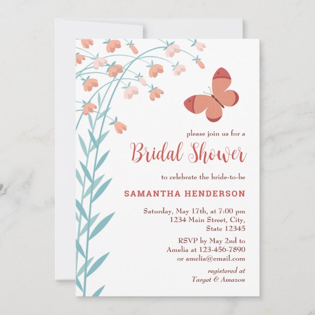 Invitación Moda Boho Mariposa Floral Elegante Ducha Nupcial (Anverso)