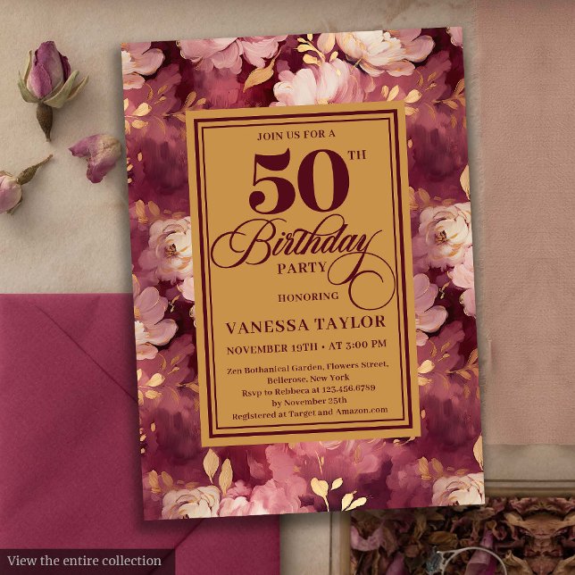 Invitación Moda Boho Marsala Gold Flores 50 cumpleaños (Chic Boho Marsala Gold Flowers 50th Birthday Invitation)