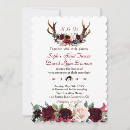 Invitación Moda Boho Merlot Marina Azul Floral Antlers Boda