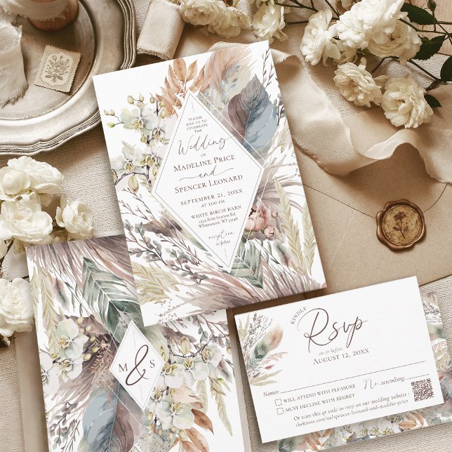 Invitación Moda Boho moderna acuarela Pampas Boda floral (Watercolor boho chic white orchid floral rustic pampas botanical modern monogram wedding invitation)