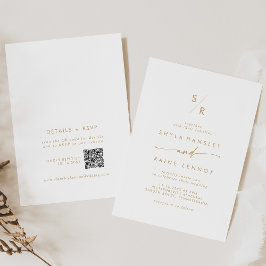 Invitación Moda Boho Monograma dorado y blanco Boda de código