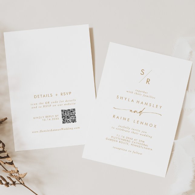 Invitación Moda Boho Monograma dorado y blanco Boda de código (Boho Chic Gold and White Monogram QR Code Wedding Invitation)