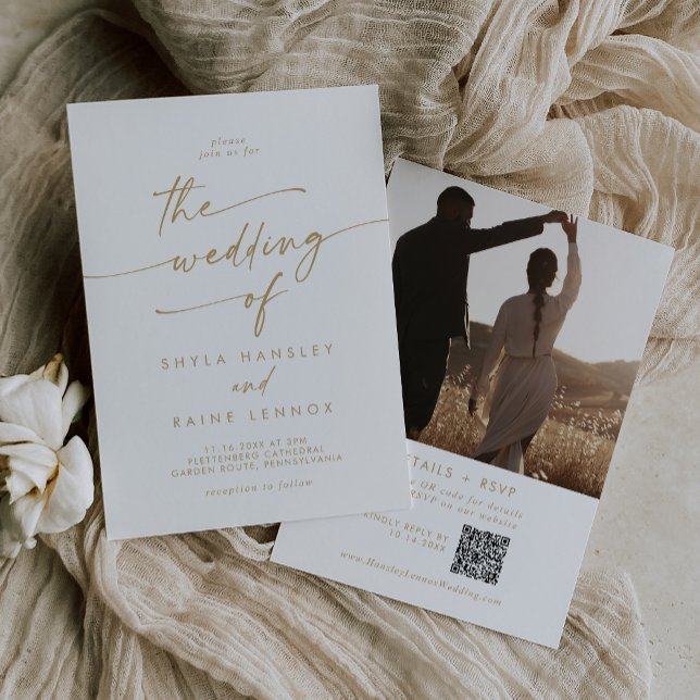 Invitación Moda Boho Oro y foto blanca Boda de código QR (Boho Chic Gold and White Photo QR Code Wedding Invitation)