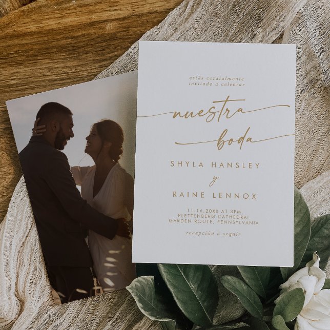Invitación Moda Boho Oro y foto blanca Boda español (Subido por el creador)