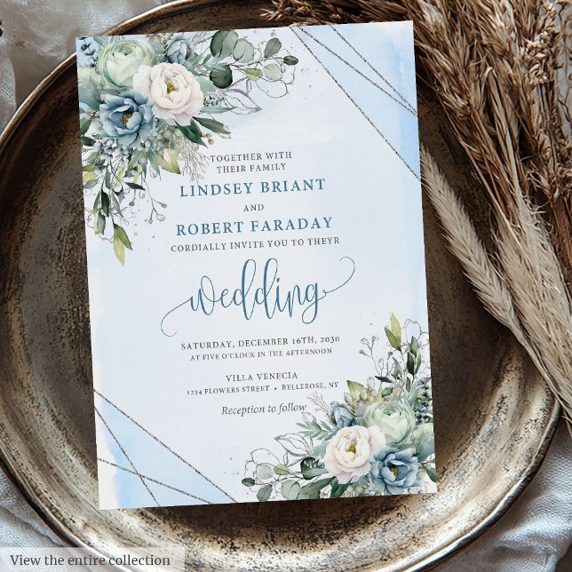Invitación Moda Boho Pastel Boda de Flores de Plata Azul (Chic Boho Pastel Blue Silver Flowers Wedding Invitation)