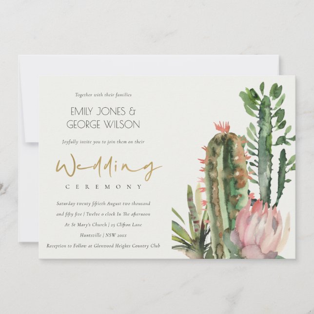 INVITACIÓN MODA BOHO PINK FLORAL CACTI BODA FOLIAGE (Anverso)