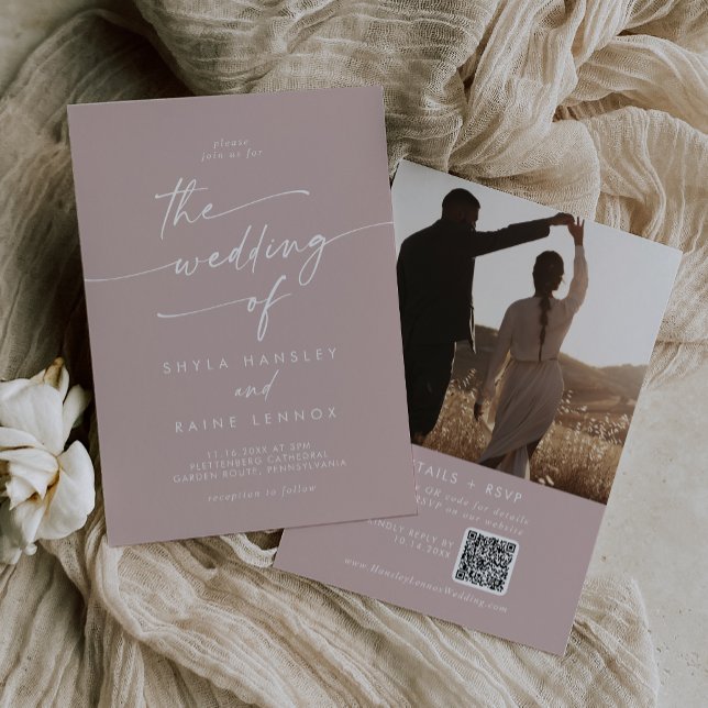 Invitación Moda Boho Rosa polvoriento Foto rosa Boda de códig (Boho Chic Dusty Rose Pink Photo QR Code Wedding Invitation)