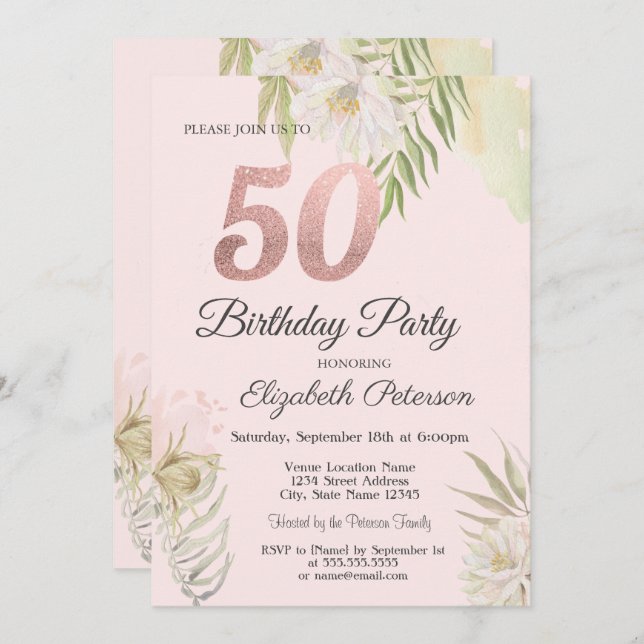 Invitación Moda Boho Rosado Floral 50 cumpleaños (Anverso / Reverso)