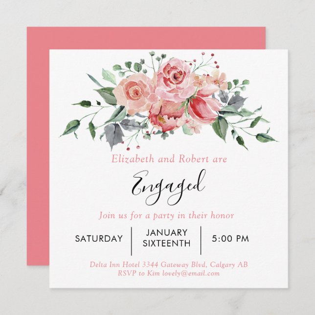 Invitación Moda Boho Rubor Rosa Rosa Involucrado Script Flora (Anverso / Reverso)