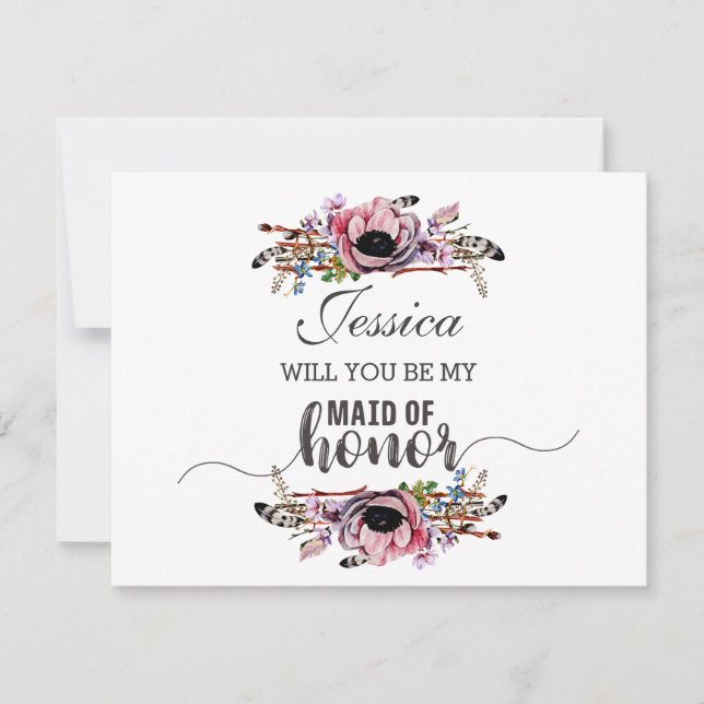 Invitación Moda Boho Rubor Rosa serás mi empleada de honor (Anverso)