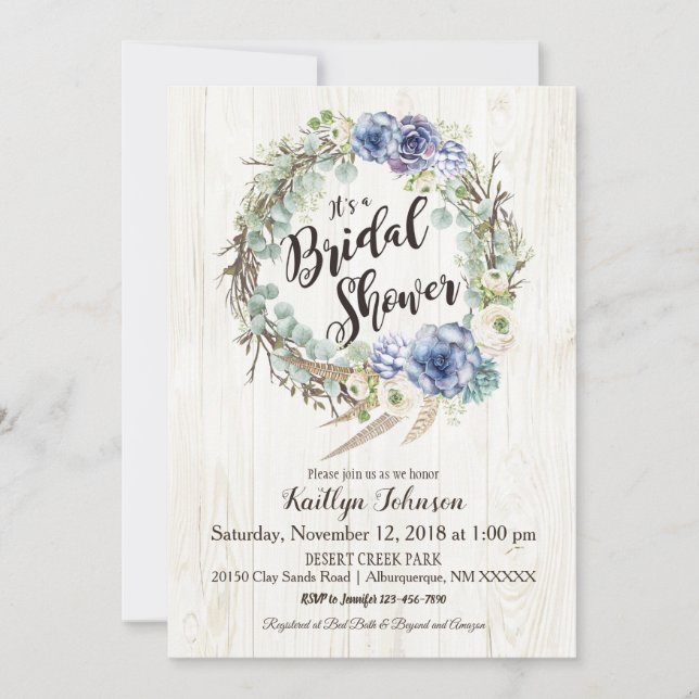 Invitación Moda Boho Suculento Eucalyptus Ducha Bridal (Anverso)