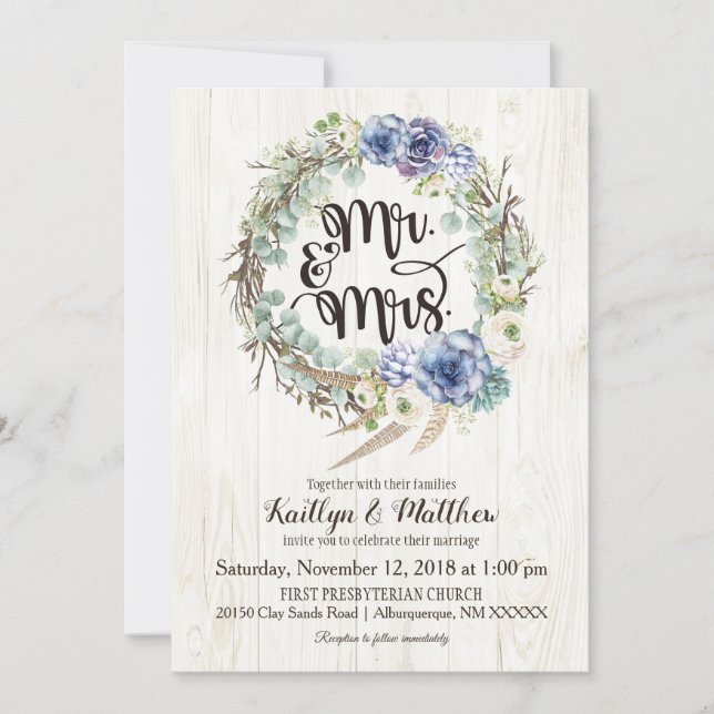 Invitación Moda Boho Suculta al Boda Rústico Eucalyptus (Anverso)