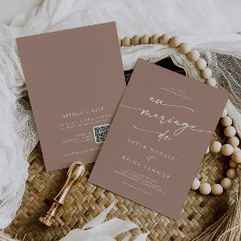 Invitación Moda Boho Taupe neutro Código QR Boda francés