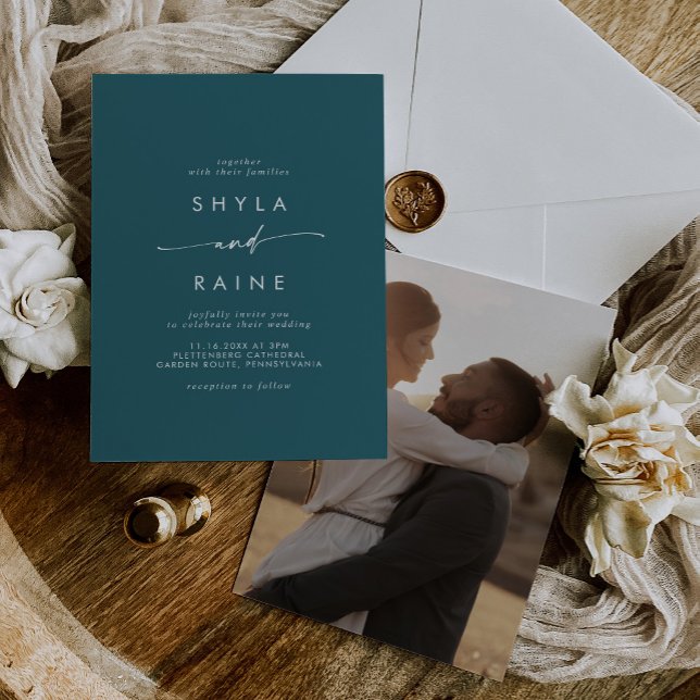 Invitación Moda Boho Verde azulado Boda fotográfico azul (Subido por el creador)