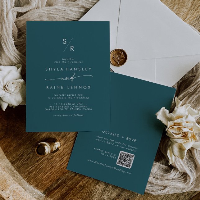 Invitación Moda Boho Verde azulado Monograma azul Boda de cód (Subido por el creador)