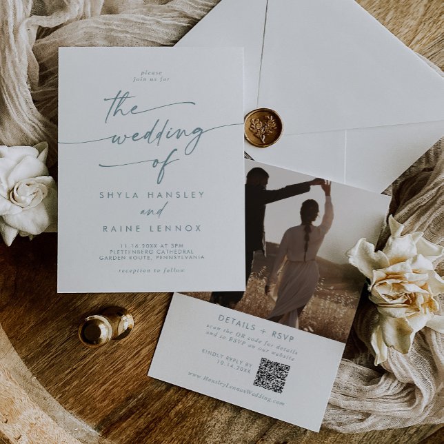 Invitación Moda Boho Verde azulado y blanco Foto Boda de códi (Subido por el creador)