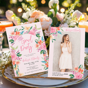 Invitación Moda Boho Watercolor Floral Foto Partido de Gradua