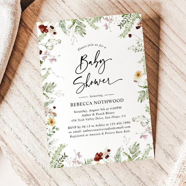 Invitación Moda Boho Wildflowers Baby Shower con Green (Subido por el creador)