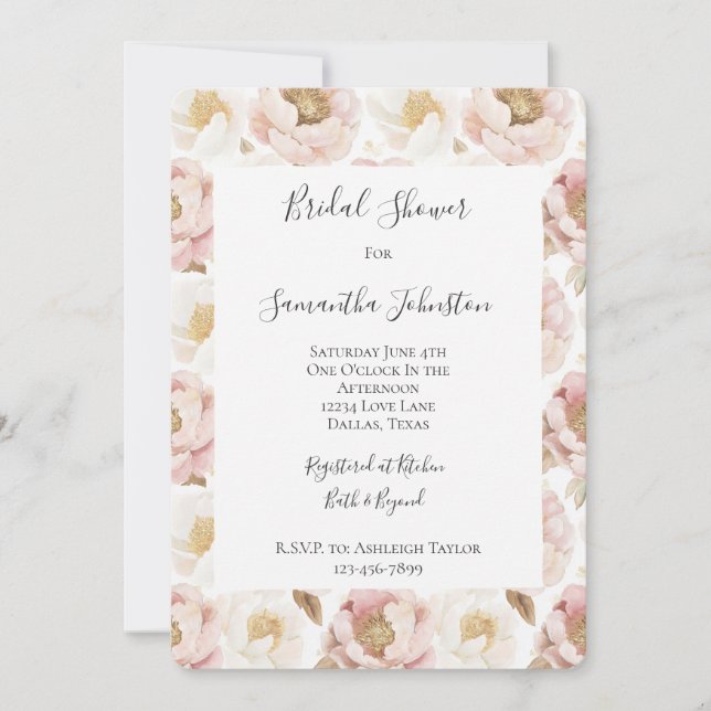 Invitación Moda Bonito Oro rosa Floral Bridal Ducha (Anverso)