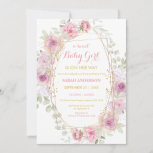 Invitación Moda bonito Purpurina Oro Bebé Floral Rosa Inv