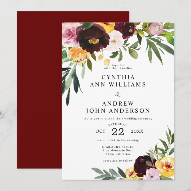 Invitación Moda Borgoña Amarillo Boda Floral (Anverso / Reverso)