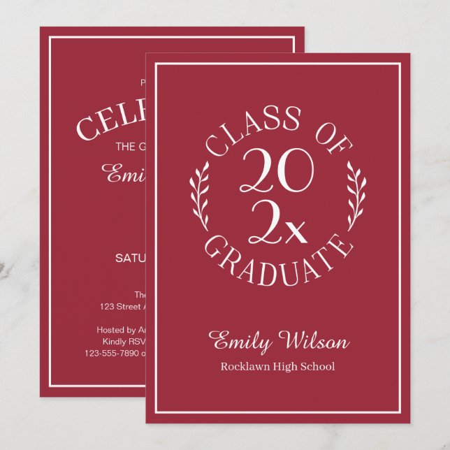 Invitación Moda Borgoña Clase Roja Del Partido De Graduación  (Anverso / Reverso)