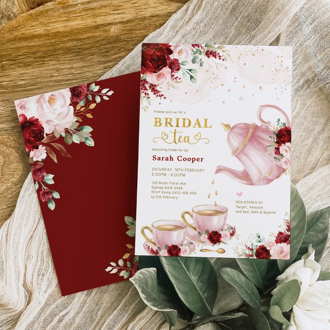 Invitación Moda Borgoña Fiesta de té de novia floral rosa (Subido por el creador)