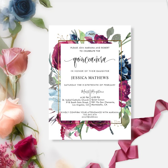 Invitación Moda Borgoña, Floral Azul Berry Quinceañera (Subido por el creador)