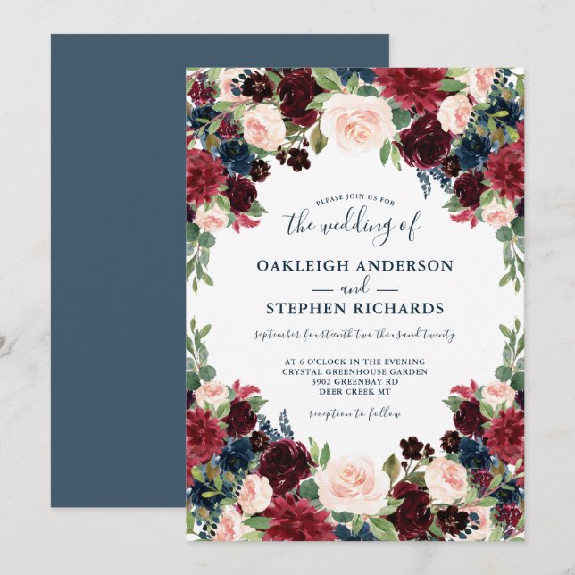 Invitación Moda Borgoña, Marina y Boda floral rosa (Anverso / Reverso)
