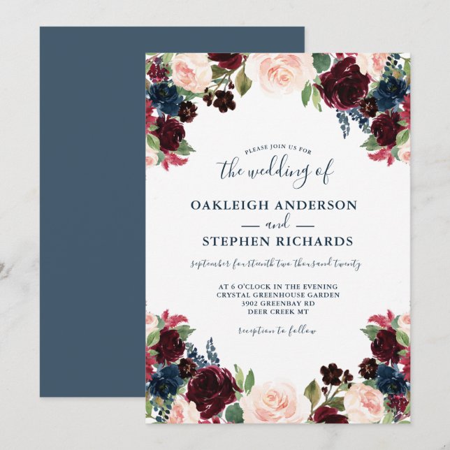 Invitación Moda Borgoña, Marina y Boda floral rosa (Anverso / Reverso)