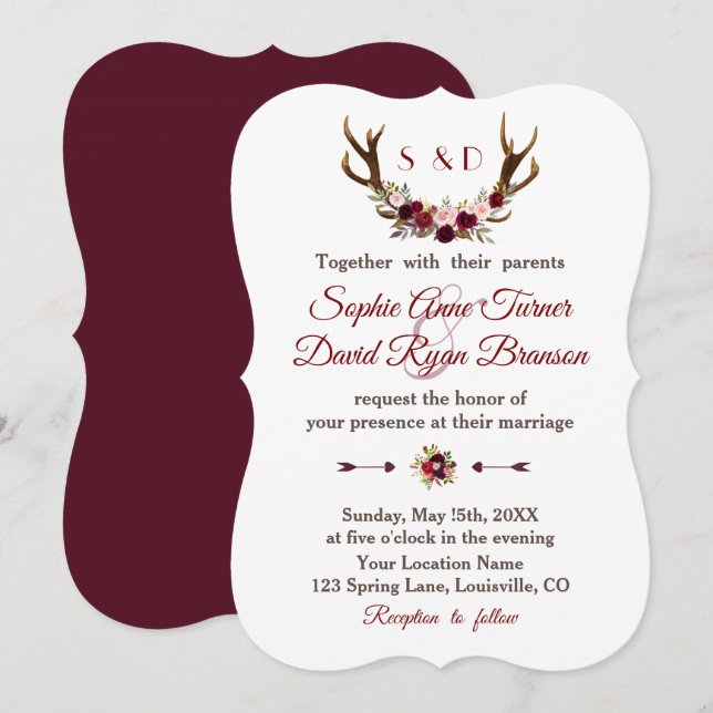 Invitación Moda Borgoña Marsala Boda de Antlers Florales (Anverso / Reverso)