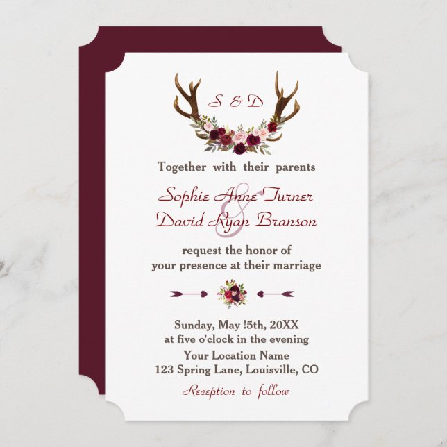 Invitación Moda Borgoña Marsala Boda de Antlers Florales (Anverso / Reverso)