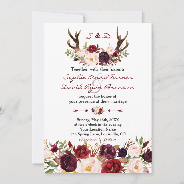 Invitación Moda Borgoña Marsala Boda de Antlers Florales (Anverso)