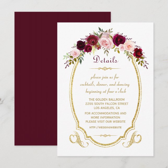 Invitación Moda Borgoña Marsala Detalles de la boda de la caí (Anverso / Reverso)
