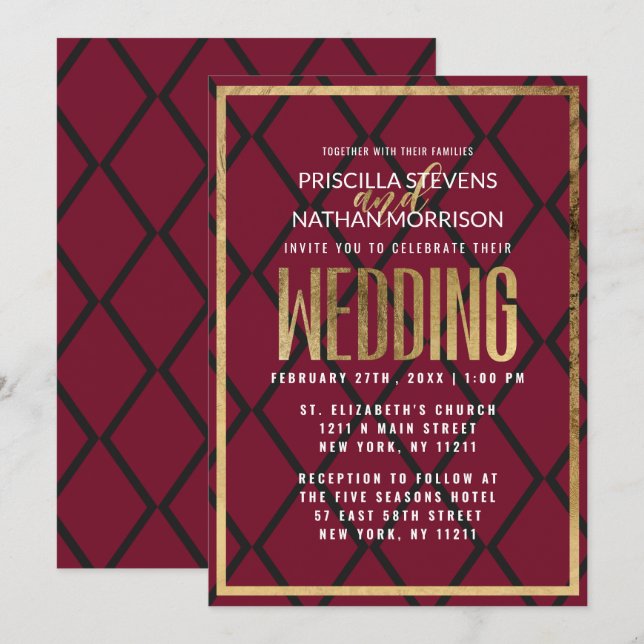 Invitación Moda Borgoña Negro Boda geométrico de la frontera  (Anverso / Reverso)
