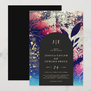 Invitación Moda Borgoña Oro Azul Botánico Resumen Boda