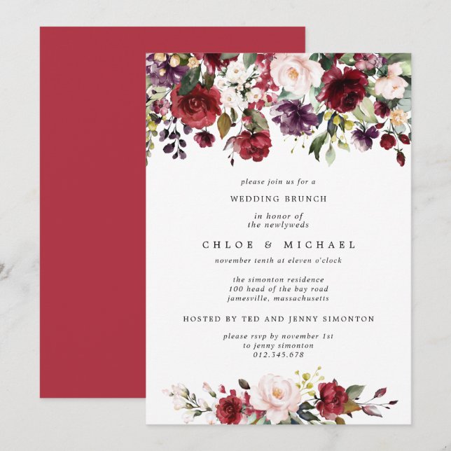 Invitación Moda Borgoña Red Floral Post Boda Brunch (Anverso / Reverso)