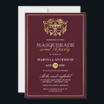 Invitación Moda Borgoña Rojo & Oro Mascarada Dulce 16 Fiesta<br><div class="desc">Moda Burgundy Red & Gold Masquerade Dulces 16 invitaciones de fiesta. Con una falsa máscara de Relieve metalizado de oro en la parte superior contra un fondo rojo burdeos. Perfecto para una fiesta de 16 cumpleaños moderna y elegante.</div>