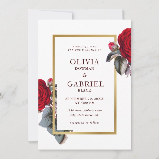 Invitación Moda Borgoña Rojo rosa. Boda de lujo floral (Anverso)