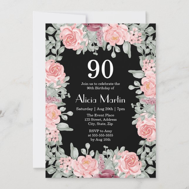 Invitación Moda Borgoña Rosa Flora Negra 90 cumpleaños (Anverso)